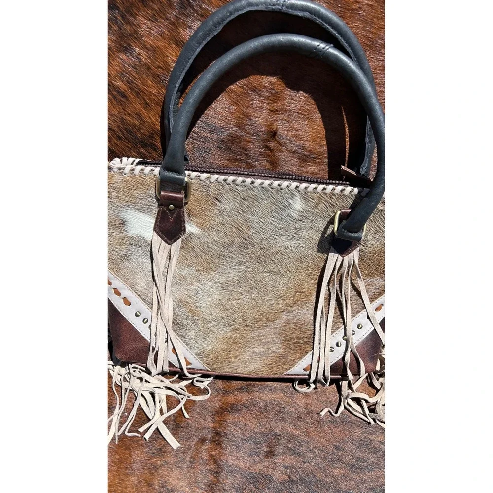Western Cowhide Leather Fringe Satchel‎ Bag Brown Studded Whipstitch Handbag
